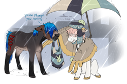 Size: 1107x735 | Tagged: safe, artist:royvdhel-art, imported from derpibooru, oc, oc only, earth pony, pegasus, pony, bag, dialogue, duo, hat, mouth hold, pegasus oc, rain, umbrella, wings
