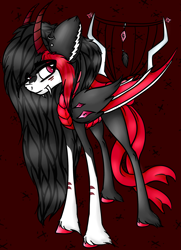 Size: 1965x2713 | Tagged: safe, artist:beamybutt, imported from derpibooru, oc, oc only, demon, demon pony, pony, bat wings, ear fluff, hoof fluff, horns, red background, simple background, solo, wings