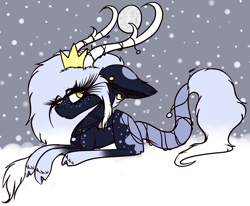 Size: 2640x2180 | Tagged: safe, artist:beamybutt, imported from derpibooru, oc, oc only, pony, antlers, crown, ear fluff, eyelashes, female, high res, jewelry, lying down, mare, prone, regalia, snow, solo