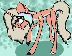 Size: 2104x1633 | Tagged: safe, artist:beamybutt, imported from derpibooru, oc, oc only, pony, unicorn, abstract background, colored hooves, ear fluff, hoof polish, horn, open mouth, raised hoof, smiling, solo, unicorn oc