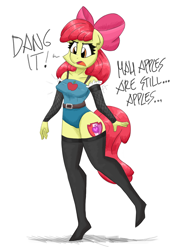 Size: 1500x2143 | Tagged: safe, alternate version, artist:flutterthrash, imported from derpibooru, apple bloom, anthro, earth pony, 2019, breasts, clothes, detached sleeves, dialogue, female, leotard, small breasts, solo, stockings, text, thigh highs