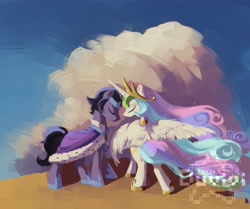 Size: 4096x3426 | Tagged: safe, artist:duvivi, idw, imported from derpibooru, king sombra, princess celestia, alicorn, pony, unicorn, reflections, celestibra, cloud, crown, eyes closed, female, good king sombra, jewelry, male, mare, regalia, shipping, spread wings, stallion, straight, watermark, wings