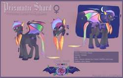 Size: 1200x762 | Tagged: safe, artist:risterdus, imported from derpibooru, oc, oc only, oc:prismatic shard, bat pony, pony, female, reference sheet, solo