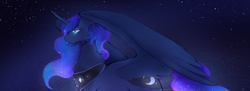 Size: 3692x1349 | Tagged: safe, artist:whippyberry, imported from derpibooru, princess luna, alicorn, pony, curved horn, female, horn, night, solo