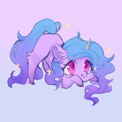Size: 800x800 | Tagged: safe, artist:qamar, imported from derpibooru, izzy moonbow, pony, unicorn, cheek fluff, colored pupils, cute, ear fluff, face down ass up, female, g5, gradient background, horn, leg fluff, mare, my little pony: a new generation, no nose, smiling, solo, sparkles, unshorn fetlocks