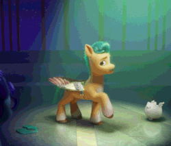 Size: 650x555 | Tagged: safe, imported from derpibooru, screencap, hitch trailblazer, dog, earth pony, pomeranian, pony, spoiler:my little pony: a new generation, absurd file size, absurd gif size, animated, awkward, background pony, cloudpuff, critter magnet, cropped, cute, dancing, disguise, eyebrows, fake moustache, fake wings, flying pomeranian, g5, gif, male, my little pony: a new generation, pegasus crystal, shadow, solo focus, spotlight, stallion, unshorn fetlocks, winged dog