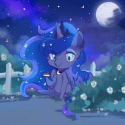 Size: 800x800 | Tagged: safe, artist:qamar, imported from derpibooru, princess luna, alicorn, pony, cake, chest fluff, chibi, food, full moon, moon, night, smiling, solo