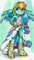 Size: 1217x2163 | Tagged: safe, artist:shadowhawx95, imported from derpibooru, rainbow dash, anthro, pegasus, clothes, dress, gala dress, grin, human facial structure, looking at you, smiling, solo, spread wings, traditional art, wings