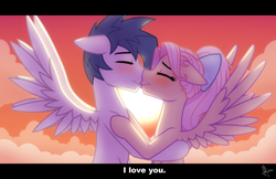 Size: 2500x1620 | Tagged: safe, artist:whitequartztheartist, imported from derpibooru, oc, oc only, pegasus, pony, blushing, duo, eyes closed, female, kissing, male, oc x oc, shipping, straight