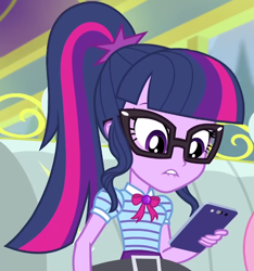 Size: 686x732 | Tagged: safe, imported from derpibooru, screencap, sci-twi, twilight sparkle, equestria girls, equestria girls series, road trippin, lip bite, phone, solo