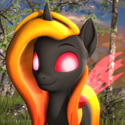 Size: 1080x1080 | Tagged: safe, artist:christian69229, imported from derpibooru, oc, oc only, oc:calitiel, changeling, 3d, bust, changeling oc, double colored changeling, looking at you, portrait, red changeling, smiling, solo, source filmmaker, yellow changeling