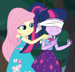 Size: 699x676 | Tagged: safe, imported from derpibooru, screencap, fluttershy, sci-twi, twilight sparkle, equestria girls, equestria girls series, stressed in show, stressed in show: fluttershy, blindfold, cropped, lidded eyes