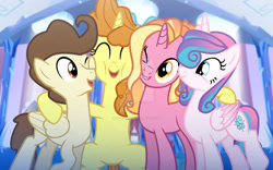 Size: 1280x801 | Tagged: safe, artist:hate-love12, imported from derpibooru, luster dawn, pound cake, princess flurry heart, pumpkin cake, alicorn, pegasus, pony, unicorn, ^^, eyes closed, female, group hug, hug, mare, older