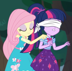 Size: 695x692 | Tagged: safe, imported from derpibooru, screencap, fluttershy, sci-twi, twilight sparkle, equestria girls, equestria girls series, stressed in show, stressed in show: fluttershy, blindfold, cropped