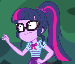 Size: 820x706 | Tagged: safe, imported from derpibooru, screencap, sci-twi, twilight sparkle, equestria girls, equestria girls series, stressed in show, stressed in show: fluttershy, bow, clothes, cropped, cutie mark on clothes, geode of telekinesis, glasses, jewelry, magical geodes, pendant, polo shirt, ponytail, shrunken pupils, skirt, solo, wide eyes