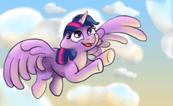 Size: 4000x2458 | Tagged: safe, artist:doodledonutart, imported from derpibooru, twilight sparkle, alicorn, pony, cloud, female, floppy ears, flying, high res, horn, inktober, mare, multicolored mane, open mouth, purple eyes, sky, solo, spread wings, twilight sparkle (alicorn), underhoof, wings