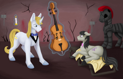 Size: 6304x4024 | Tagged: safe, artist:believeinshadows, imported from derpibooru, octavia melody, prince blueblood, earth pony, pony, unicorn, fanfic:blueblood's pets, audio drama, candle, cello, duo, female, male, musical instrument