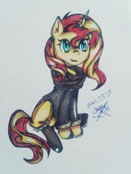 Size: 540x720 | Tagged: safe, artist:shaddndraw, imported from derpibooru, sunset shimmer, pony, unicorn, equestria girls, clothes, female, solo, traditional art