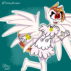 Size: 1280x1280 | Tagged: safe, artist:ukedideka, imported from derpibooru, oc, oc only, oc:lumen afterglow, anthro, pegasus, bell, clothes, dress, eye clipping through hair, gloves, pegasus oc, running, simple background, smiling, solo, spread wings, standing, wings