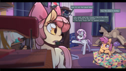 Size: 1600x901 | Tagged: safe, artist:icychamber, imported from derpibooru, apple bloom, scootaloo, sweetie belle, earth pony, pegasus, pony, unicorn, cutie mark crusaders, dialogue, female, filly, hat, mannequin, raised hoof, raspberry, sewing machine, tongue out