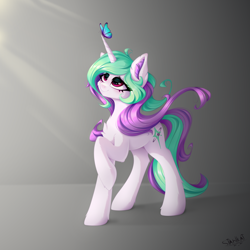 Size: 2632x2632 | Tagged: safe, artist:stahlkat, imported from derpibooru, oc, oc only, oc:borealis, butterfly, pony, unicorn, female, high res, raised hoof, solo