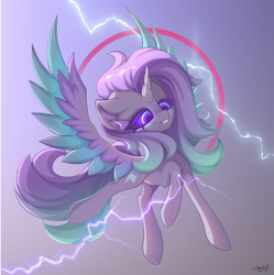 Size: 1994x2000 | Tagged: safe, artist:stahlkat, imported from derpibooru, oc, oc only, oc:overcharge, alicorn, pony, alicorn oc, electricity, female, flying, horn, lightning, solo, wings