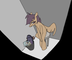 Size: 486x407 | Tagged: safe, artist:hoorncorn, imported from derpibooru, scootaloo, pegasus, pony, female, sad, sitting, skateboard, stool, trash can