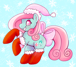 Size: 856x758 | Tagged: safe, artist:therainbowtroll, imported from derpibooru, minty, earth pony, pony, christmas, clothes, female, hat, holiday, santa hat, socks, solo