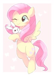 Size: 1430x1983 | Tagged: safe, artist:ginmaruxx, imported from derpibooru, angel bunny, fluttershy, pegasus, pony, rabbit, animal, belly, blushing, cute, cutie mark, duo, female, flying, heart, hug, mare, one eye closed, shyabetes, spread wings, wings