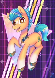 Size: 2480x3508 | Tagged: safe, artist:wavecipher, imported from derpibooru, hitch trailblazer, earth pony, pony, badge, blaze (coat marking), coat markings, colored eyebrows, colored pupils, facial markings, g5, glitch art, high res, male, my little pony: a new generation, no catchlights, open mouth, open smile, raised hoof, sheriff's badge, signature, smiling, socks (coat markings), solo, stallion, triangle, unshorn fetlocks, white pupils