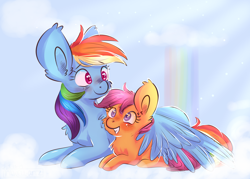 Size: 4900x3500 | Tagged: safe, artist:inkwellartz, imported from derpibooru, rainbow dash, scootaloo, pegasus, pony, sleepless in ponyville, blushing, cloud, cute, duo, female, hug, rainbow, scootalove, winghug, wings