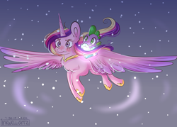 Size: 4900x3500 | Tagged: safe, artist:inkwellartz, imported from derpibooru, princess cadance, spike, alicorn, dragon, pony, the crystal empire, 2019, crystal heart, duo, female, flying, male, night, scene interpretation, signature, snow