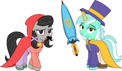 Size: 3103x1826 | Tagged: safe, artist:sketchmcreations, imported from derpibooru, lyra heartstrings, octavia melody, earth pony, pony, unicorn, :3, a hat in time, alternate hairstyle, cape, cloak, clothes, cosplay, costume, crossover, duo, fake moustache, female, hat, hat kid, looking at you, magic, mare, mustache girl, open mouth, simple background, smiling, smug, telekinesis, top hat, transparent background, umbrella, vector, voice actor joke