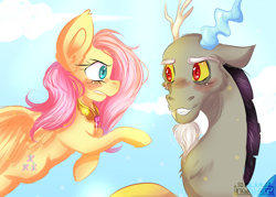 Size: 5600x4000 | Tagged: safe, artist:inkwellartz, imported from derpibooru, discord, fluttershy, draconequus, pegasus, pony, keep calm and flutter on, 2020, absurd resolution, blushing, cloud, duo, element of kindness, female, male, mare, scene interpretation, signature, sky