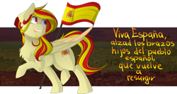 Size: 1500x800 | Tagged: safe, artist:mrgdog, imported from derpibooru, oc, oc only, pegasus, pony, chest fluff, female, flag, flower, flower in hair, folded wings, mare, nation ponies, ponified, raised hoof, simple background, solo, spain, spanish, spanish flag, translated in the comments, transparent background, wings
