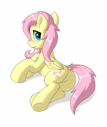 Size: 2840x3380 | Tagged: safe, artist:mercurysparkle, imported from derpibooru, fluttershy, pegasus, pony, butt, chest fluff, cute, ear fluff, female, flutterbutt, folded wings, high res, hoof fluff, leg fluff, looking at you, looking back, looking back at you, lying down, mare, plot, prone, shyabetes, simple background, smiling, solo, white background, wings