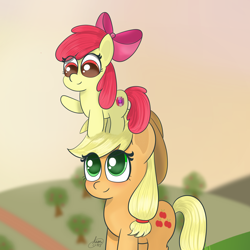 Size: 2160x2160 | Tagged: safe, artist:limitmj, imported from derpibooru, apple bloom, applejack, earth pony, pony, adorabloom, apple sisters, cute, duo, freckles, high res, jackabetes, looking up, siblings, sisters, stacking, standing on head