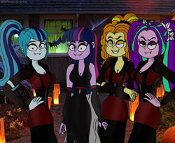 Size: 1280x1047 | Tagged: safe, artist:rdj1995, imported from derpibooru, adagio dazzle, aria blaze, sci-twi, sonata dusk, twilight sparkle, vampire, equestria girls, halloween, holiday, the dazzlings, vampire costumes