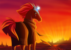 Size: 900x634 | Tagged: safe, artist:dartzu, artist:dartzuartz, imported from derpibooru, tempest shadow, pony, unicorn, broken horn, female, hoers, horn, looking back, solo, sunset