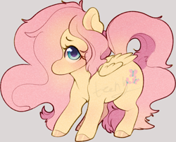 Size: 1036x835 | Tagged: safe, artist:mochateeny, imported from derpibooru, fluttershy, pegasus, pony, blushing, chibi, colored hooves, cute, daaaaaaaaaaaw, female, gray background, hair over one eye, looking at you, mare, shorn fetlocks, shyabetes, simple background, solo, standing, three quarter view, wings