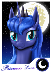 Size: 3300x4500 | Tagged: safe, artist:vasillium, imported from derpibooru, princess luna, alicorn, pony, bust, female, mare in the moon, moon, night, portrait, solo