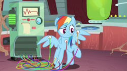 Size: 853x478 | Tagged: safe, imported from derpibooru, rainbow dash, pegasus, pony, double rainboom, female, golden oaks library, library, machine, rainbow dash is not amused, solo, twilight's lab, unamused, youtube link