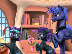 Size: 4000x3000 | Tagged: safe, artist:vasillium, imported from derpibooru, princess luna, oc, oc:nox (rule 63), oc:nyx, alicorn, pony, alicorn oc, apology, aura, blushing, book, bookshelf, box, brother, brother and sister, cloud, colt, cutie mark, desk, family, feather, female, filly, flower, glasses, golden oaks library, headband, horn, indoors, jewelry, levitation, library, magic, magic aura, male, mare, moon, pencil, ponytail, prince, prince artemis, princess, quill, quill pen, r63 paradox, regalia, royalty, rule 63, school desk, scroll, self paradox, self ponidox, shield, shipping, siblings, sisters, sky, stairs, stallion, straight, telekinesis, trio, wall of tags, window, wings, writing