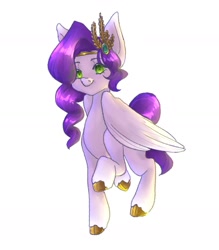 Size: 1592x1814 | Tagged: safe, artist:ochkokokichi, imported from derpibooru, pipp petals, pegasus, pony, cloven hooves, colored hooves, female, folded wings, g5, jewelry, looking at you, mare, my little pony: a new generation, raised hoof, regalia, smiling, smiling at you, solo, unshorn fetlocks, wings