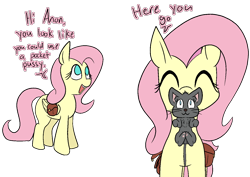 Size: 1414x1000 | Tagged: safe, artist:happy harvey, imported from derpibooru, fluttershy, cat, pegasus, pony, bag, bait and switch, colored pupils, cute, female, holding, implied anon, innocent innuendo, innuendo, kitten, looking up, mare, offscreen character, paw pads, phone drawing, phrasing, saddle bag, shyabetes, simple background, transparent background