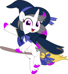 Size: 4585x5000 | Tagged: safe, artist:jhayarr23, imported from derpibooru, oc, oc only, oc:hazel radiate, pony, unicorn, absurd resolution, bow, broom, cape, clothes, colored hooves, commission, commissioner:biohazard, cute, eyelashes, female, flying, flying broomstick, hat, highlights, horn, looking at you, mare, ocbetes, open mouth, open smile, purple eyes, ribbon, simple background, smiling, smiling at you, solo, tail, tail bow, transparent background, unicorn oc, unshorn fetlocks, white background, witch costume, witch hat, ych result