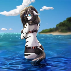 Size: 4096x4096 | Tagged: safe, artist:csox, imported from derpibooru, oc, oc only, anthro, zebra, beach, beautiful, clothes, dock, female, looking back, ocean, solo, swimsuit, tail, water