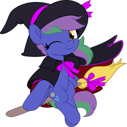 Size: 5005x5000 | Tagged: safe, artist:jhayarr23, imported from derpibooru, oc, oc only, oc:lishka, pegasus, pony, absurd resolution, broom, cape, clothes, commission, commissioner:biohazard, cute, eyelashes, female, flying, flying broomstick, hat, looking at you, one eye closed, pegasus oc, ribbon, simple background, smiling, smiling at you, solo, tail, transparent background, two toned mane, two toned tail, wink, winking at you, witch costume, witch hat, ych result