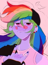 Size: 1536x2048 | Tagged: safe, artist:dreamz, imported from derpibooru, rainbow dash, equestria girls, backwards ballcap, bandaid, bandaid on nose, baseball cap, bust, cap, clothes, devil horn (gesture), ear piercing, earring, female, grin, hat, icon, jewelry, lidded eyes, nail polish, necklace, piercing, portrait, ring, simple background, smiling, solo, tanktop