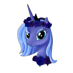 Size: 1000x1000 | Tagged: safe, artist:myabcboyarts, imported from derpibooru, princess luna, alicorn, pony, bust, female, floral head wreath, flower, portrait, s1 luna, simple background, solo, white background